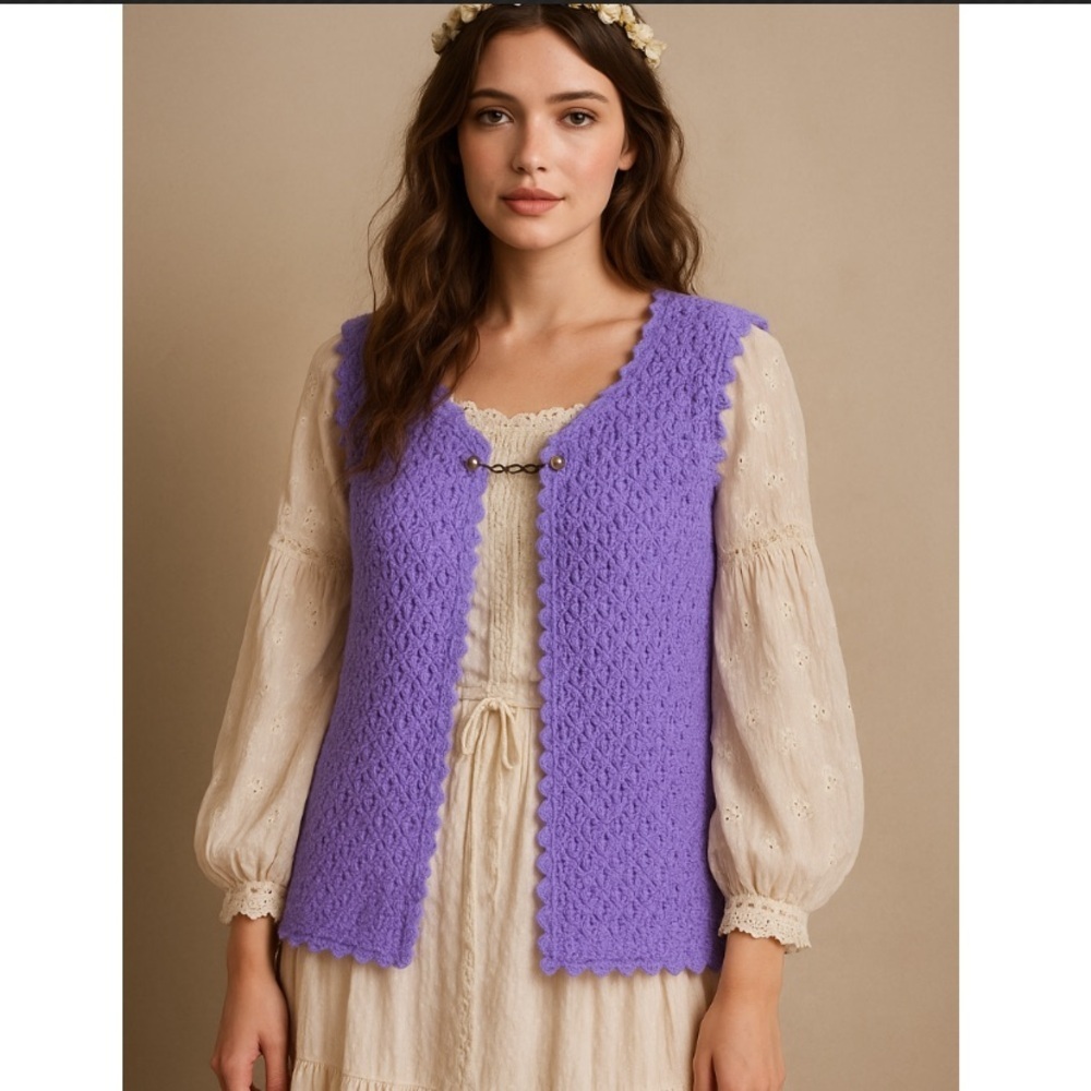 Handmade  Knit Lilac Boho Vest Sweater Soft Crochet Texture Romantic Cottagecore